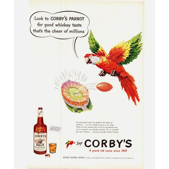 1951 Corby's Whiskey Football Stadium Field Goal Vintage Print Ad 50s Wall Art - Picture 1 of 1
